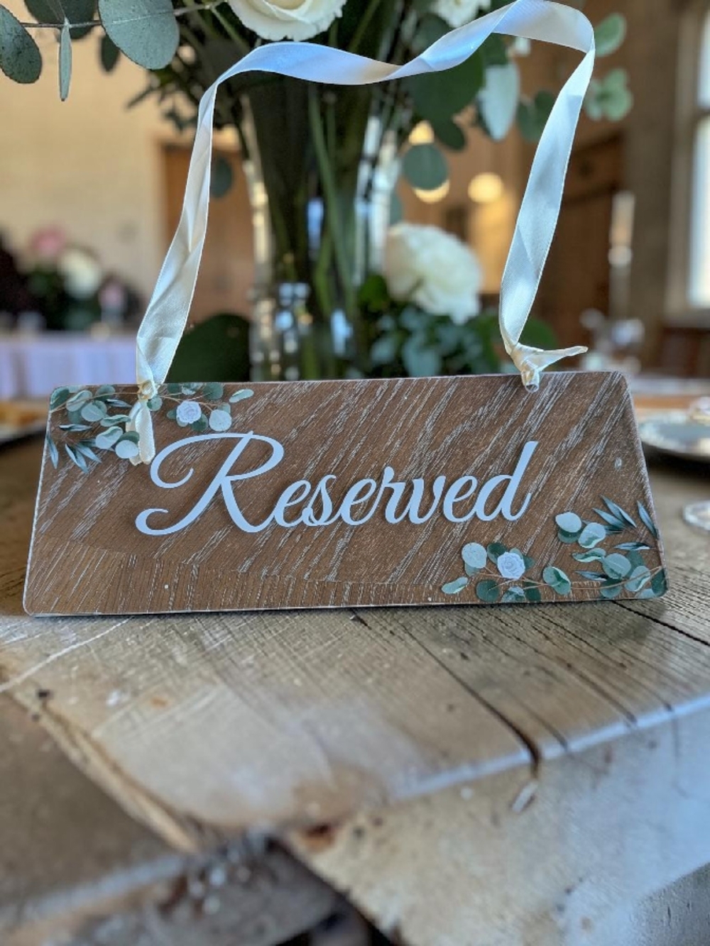 Reserved Wood Hanging Sign in Brown and White by